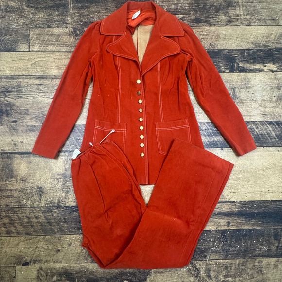 Vintage 70s Orange Suede Pant Suit Set Jacket‎ Bell Bottoms Retro Disco
